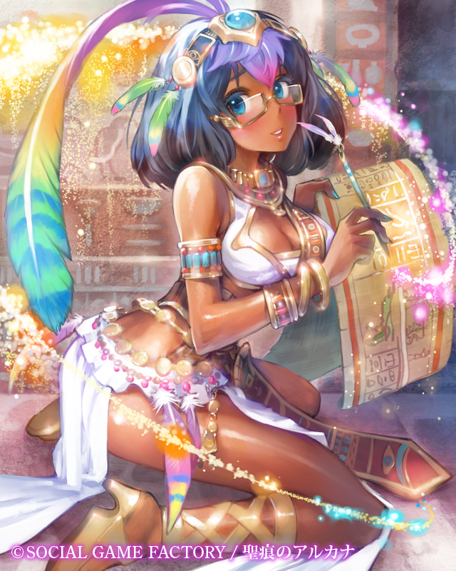 ahoge armlet bangle blue_eyes blue_hair bracelet breasts character_request cleavage dark_skin feathers glasses glyph gradient_hair holding jewelry kneeling matsuda_(matsukichi) medium_breasts multicolored_hair necklace paper parted_lips seikon_no_arcana semi-rimless_eyewear short_hair smile solo watermark