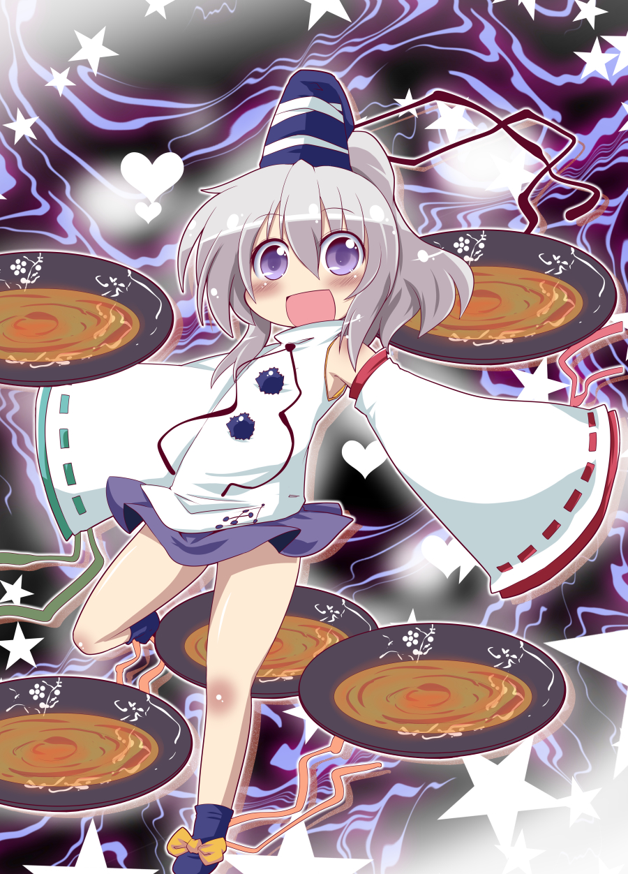 :d alcohol bare_shoulders blush bow cup detached_sleeves hat heart highres japanese_clothes kariginu mononobe_no_futo muuba open_mouth ponytail ribbon sakazuki sake short_hair silver_hair skirt smile solo star tate_eboshi touhou wide_sleeves