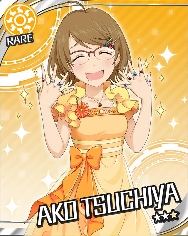 :d ^_^ artist_request brown-framed_eyewear brown_hair card_(medium) character_name closed_eyes drooling glasses hair_ornament hairclip idolmaster idolmaster_cinderella_girls jewelry necklace official_art open_mouth orange_background ring smile solo sun_(symbol) tsuchiya_ako