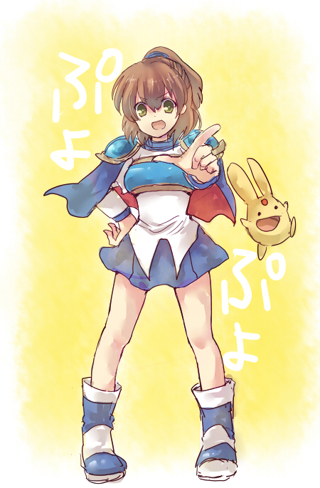 :d arle_nadja armor armored_dress blue_footwear blue_skirt boots brown_hair capelet carbuncle_(puyopuyo) copyright_name creature full_body half_updo hand_on_hip madou_monogatari mismatched_footwear open_mouth pointing puyopuyo rikuruto short_hair sketch skirt smile yellow_background yellow_eyes