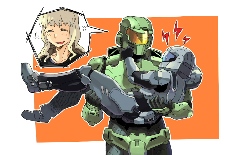 1girl angry armor blush cal-141 carrying couple fume halo_(game) halo_legends helmet hetero hobbang long_hair o'brian_(halo) odst power_suit princess_carry science_fiction spartan sweatdrop