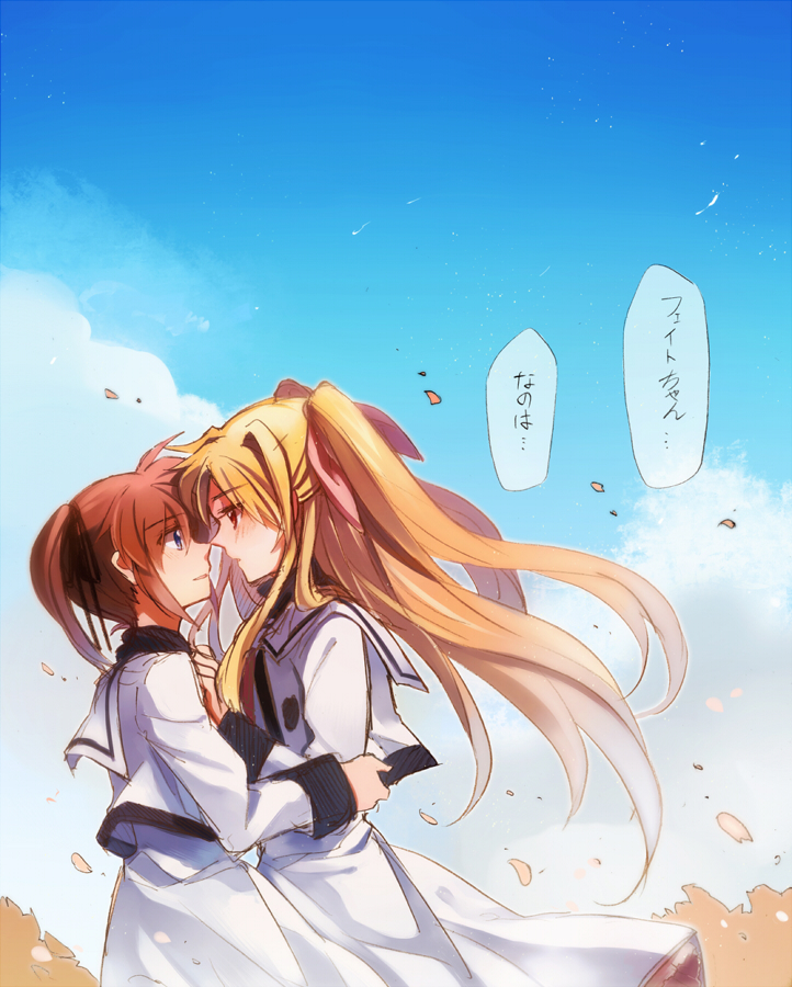 aki_(neyuki41028) blonde_hair blush brown_hair cloud day eye_contact fate_testarossa hair_ribbon long_hair long_sleeves looking_at_another lyrical_nanoha mahou_shoujo_lyrical_nanoha mahou_shoujo_lyrical_nanoha_a's multiple_girls petals purple_eyes red_eyes ribbon school_uniform seishou_elementary_school_uniform short_twintails sky takamachi_nanoha translated twintails yuri