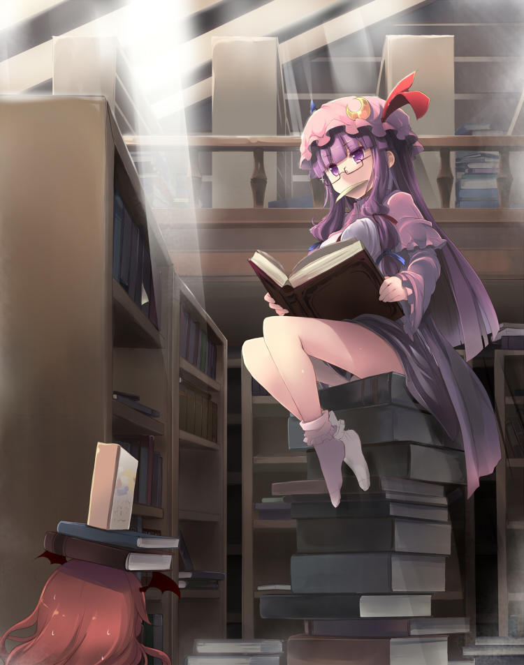 bangs bat_wings bespectacled blunt_bangs book book_on_head book_stack bookshelf bow crescent glasses hair_bow hat head_wings koakuma library long_hair looking_at_viewer mob_cap multiple_girls object_on_head patchouli_knowledge purple_eyes purple_hair railing reading red_hair shin_(new) sitting socks sweat thighs touhou voile white_legwear wings