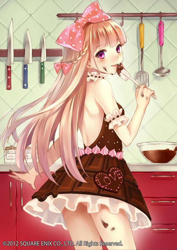 2012 ass bad_id bad_pixiv_id bare_shoulders blonde_hair blush bowl braid character_request chocolate chocolate_bar cooking eating food food_on_body food_on_face food_themed_clothes from_behind fukahire_(ruinon) hair_ribbon half_updo heart icing kitchen knife ladle licking long_hair looking_back million_arthur_(series) mixing_bowl open_mouth purple_eyes ribbon skirt smile solo spatula tasting tongue valentine