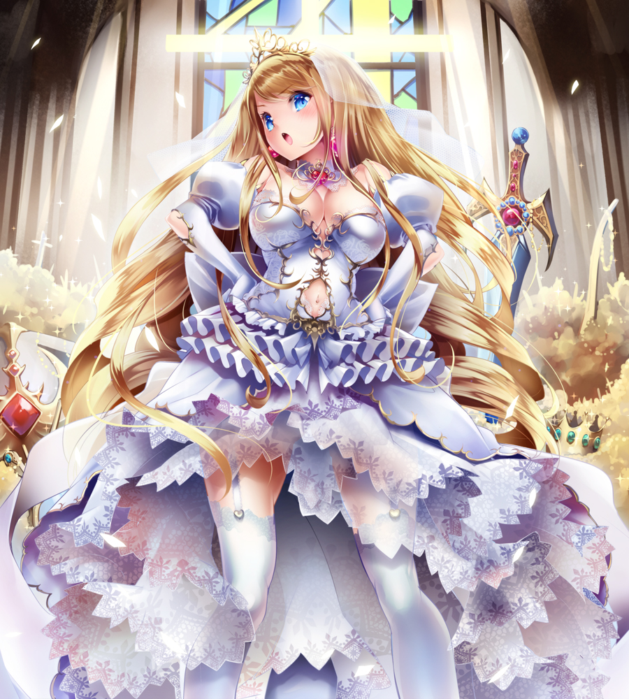 blonde_hair blue_eyes blush breasts character_request choker cleavage crown dress frills garter_straps gloves hands_on_hips jewelry large_breasts long_hair open_mouth puffy_sleeves shingoku_no_valhalla_gate skirt solo sorimura_youji sword thighhighs veil very_long_hair wavy_hair weapon white_dress white_legwear