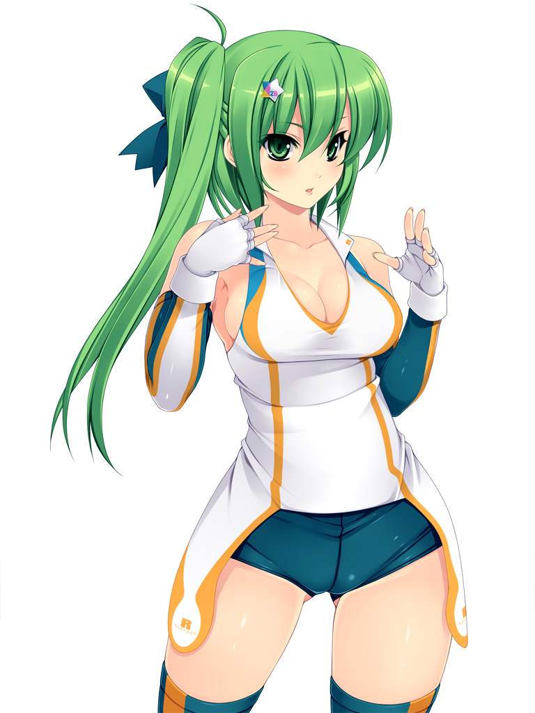 bare_shoulders beatmania beatmania_iidx breasts cleavage detached_sleeves fingerless_gloves gloves green_eyes green_hair hair_ornament kinoshita_ichi kitami_erika large_breasts long_hair parted_lips short_shorts shorts side_ponytail simple_background solo thighhighs white_background white_gloves