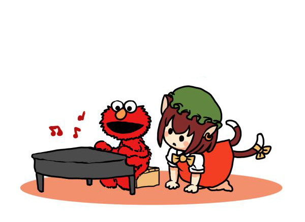 all_fours animal_ears bow brown_hair cat_ears cat_tail chen dress earrings elmo instrument jewelry jpeg_artifacts multiple_tails music musical_note nekomata piano playing_instrument playing_piano red_dress ribbon sesame_street shirt single_earring sitting solid_circle_eyes tail tail_ribbon terrajin touhou
