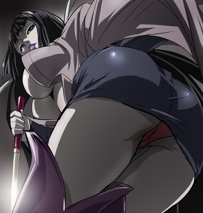 afro_samurai ass black_hair boots breasts brown_eyes from_below haruyama_kazunori knife large_breasts lips long_hair panties red_panties sio_(afro_samurai) solo thigh_boots thighhighs underwear