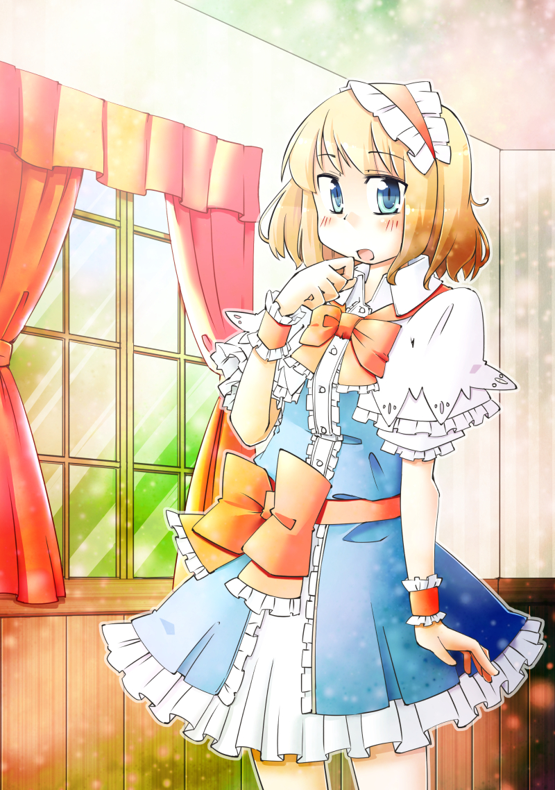 alice_margatroid arnest blonde_hair blue_eyes blush bow capelet embellished_costume hairband open_mouth short_hair solo touhou window wrist_cuffs