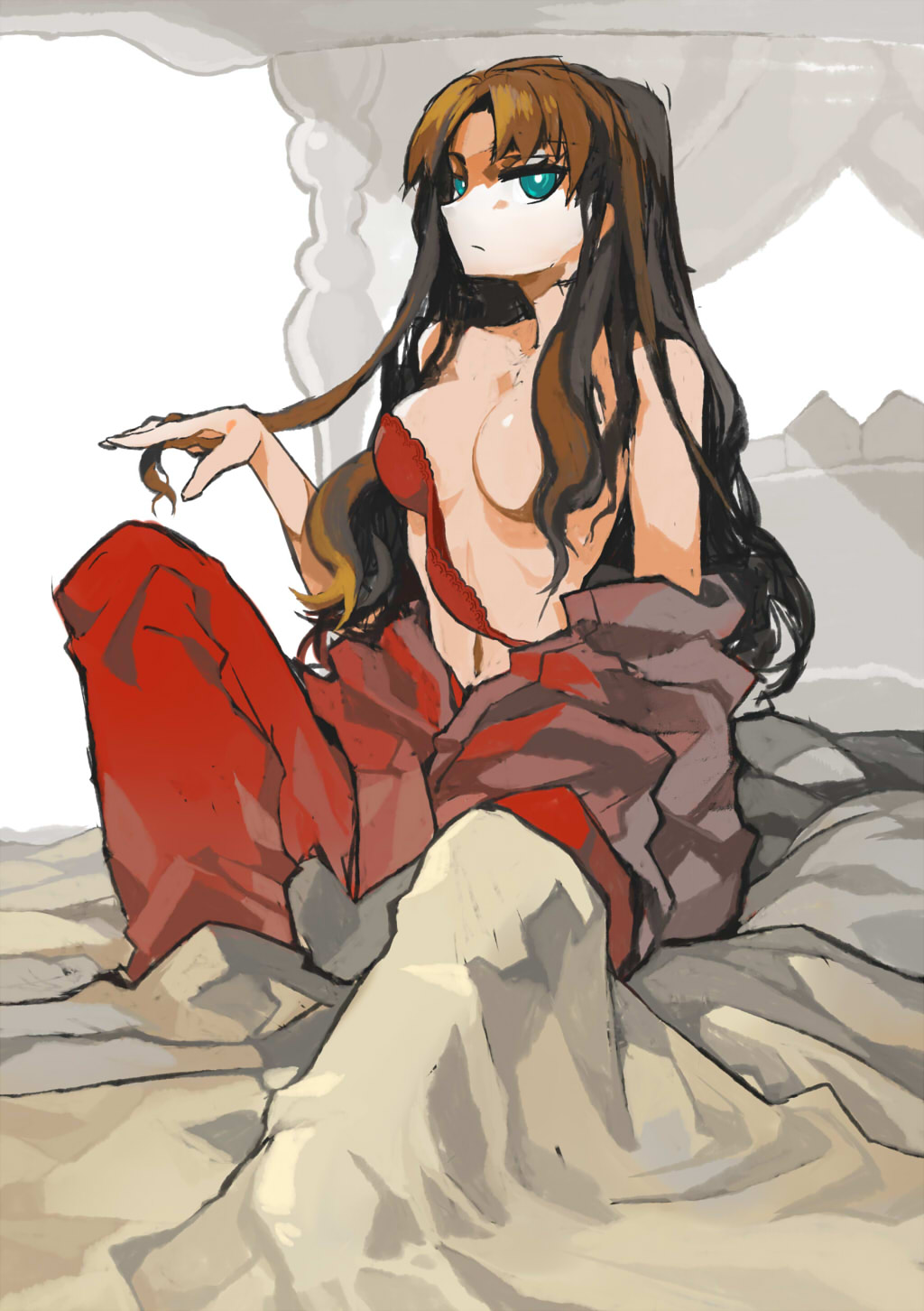 blanket blue_eyes breasts brown_hair convenient_censoring fate/stay_night fate_(series) hair_down highres lamian_(pixiv415608) large_breasts long_hair solo toosaka_rin topless