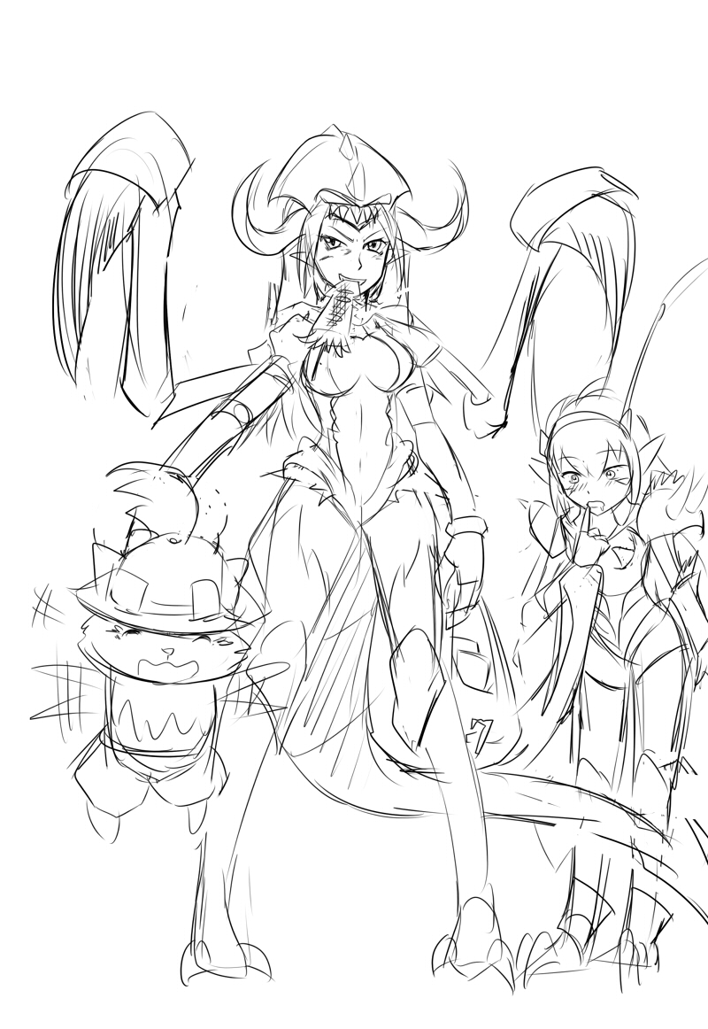 breasts cho'gath claws food genderswap genderswap_(mtf) greyscale hat kha'zix large_breasts league_of_legends monochrome multiple_girls nam_(valckiry) personification pointy_ears saliva spikes tail teemo yordle