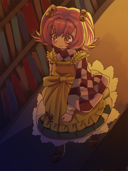 :&gt; apron bell blush book checkered checkered_shirt clothes_writing culotte_(hosenrock) hair_bell hair_ornament jingle_bell long_sleeves motoori_kosuzu red_eyes red_hair shirt short_hair smile solo touhou two_side_up wide_sleeves