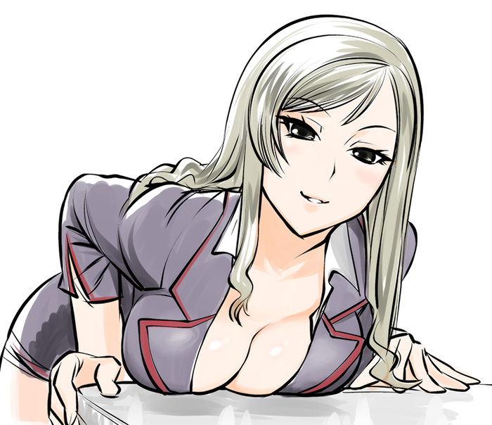 arm_support asuhara_misa bangs bent_over blush breast_press breasts cleavage downblouse formal grin jacket large_breasts leaning_forward long_hair long_sleeves looking_at_viewer mature miniskirt motto_nee_chanto_shiyou_yo! office_lady pencil_skirt seductive_smile side_slit sidelocks silver_eyes silver_hair simple_background sketch skirt skirt_suit smile suit swept_bangs table ueyama_michirou wavy_hair white_background wing_collar