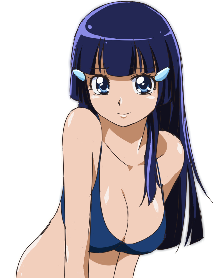 aoki_reika bikini_top blue_eyes blue_hair breasts eyelashes large_breasts long_hair looking_at_viewer manji_(tenketsu) precure simple_background smile smile_precure! solo white_background