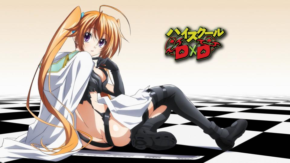 1girl ass breasts butt_crack character_request checkered checkered_floor female floor high_school_dxd long_hair looking_at_viewer looking_back orange_hair purple_eyes shidou_irina shoes sitting sneakers solo thighhighs torn_clothes twintails