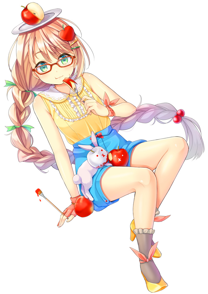 :3 :t :x ankle_ribbon apple apple_bunny apple_hair_ornament apple_slice arm_support asymmetrical_bangs bangs bitten_apple blonde_hair blouse blush braid bunny chewing collar eating fingerless_gloves food food_themed_hair_ornament fork fruit full_body glasses gloves green_eyes hair_bobbles hair_ornament hair_ribbon hairclip high_heels holding k.y_ko long_hair looking_at_viewer object_on_head original paintbrush plate red-framed_eyewear ribbon shirt shoes shorts simple_background sitting sleeveless sleeveless_shirt smile solo stuffed_animal stuffed_toy very_long_hair white_background