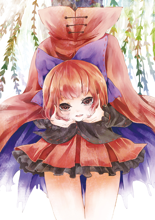 bow cape edo. hair_bow headless long_sleeves miniskirt nukekubi open_mouth red_eyes red_hair sekibanki short_hair skirt smile solo touhou