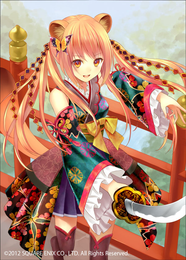 animal_ears bad_id bad_pixiv_id bare_shoulders black_legwear blush bug butterfly butterfly_hair_ornament character_request detached_sleeves fukahire_(ruinon) hair_ornament insect japanese_clothes katana kimono long_hair million_arthur_(series) open_mouth orange_hair skirt smile solo sword thighhighs twintails weapon yellow_eyes zettai_ryouiki