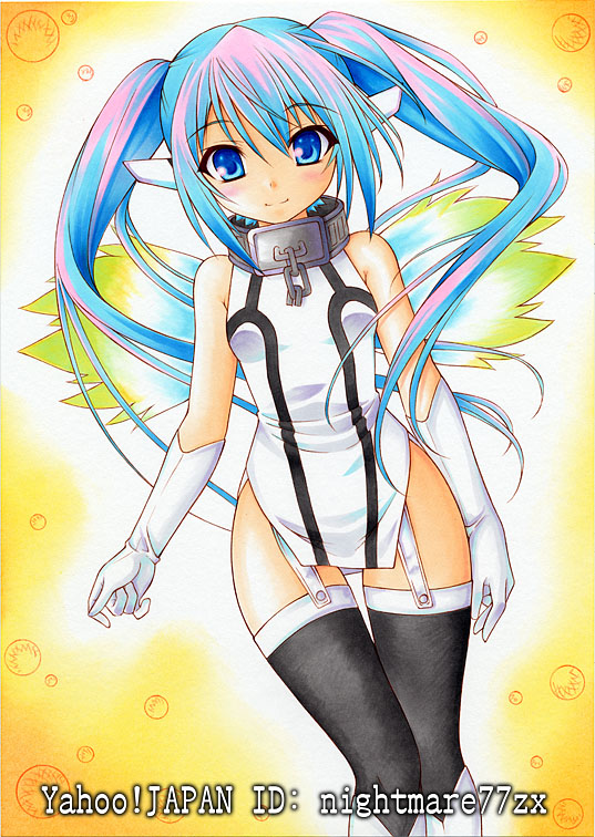 blue_eyes blue_hair blush chain collar garter_straps gloves long_hair looking_at_viewer multicolored_hair nightmare77zx nymph_(sora_no_otoshimono) pink_hair smile solo sora_no_otoshimono thighhighs traditional_media twintails white_gloves wings