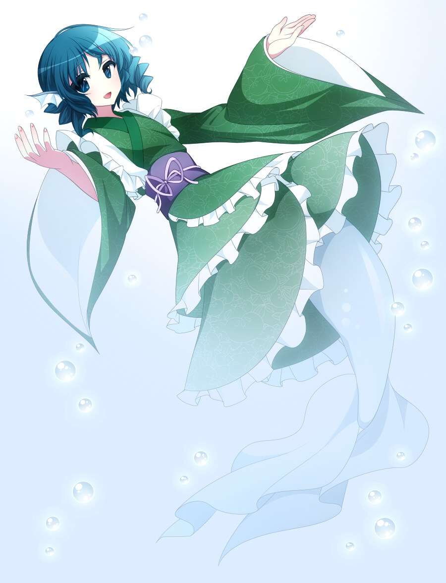 animal_ears bad_id bad_pixiv_id blue_eyes blue_hair bubble head_fins japanese_clothes knbilove long_sleeves mermaid monster_girl obi open_mouth sash short_hair smile solo touhou wakasagihime wide_sleeves