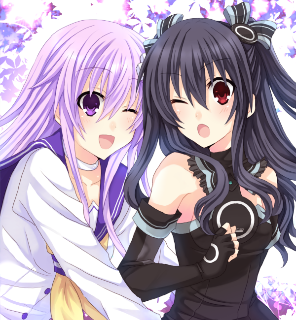 ;d ;o bare_shoulders black_hair blush bow breasts choujigen_game_neptune_mk2 collar d-pad d-pad_hair_ornament elbow_gloves fingerless_gloves gloves hair_bow hair_ornament hinano long_hair multiple_girls nepgear neptune_(series) one_eye_closed open_mouth pink_hair purple_eyes red_eyes small_breasts smile uni_(choujigen_game_neptune)