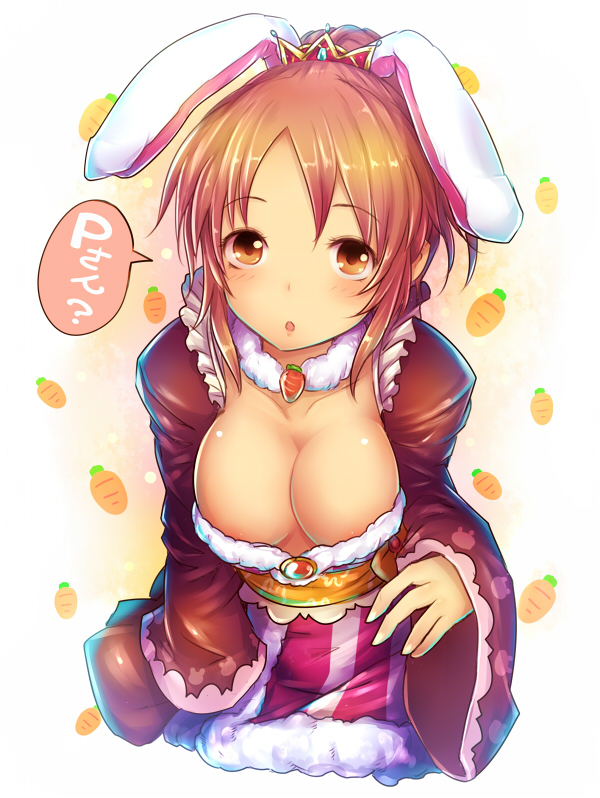 abe_nana animal_ears blush breasts brown_hair bunny_ears carrot cleavage collarbone crown idolmaster idolmaster_cinderella_girls jewelry kara_(color) large_breasts long_sleeves open_mouth ponytail solo wide_sleeves yellow_eyes