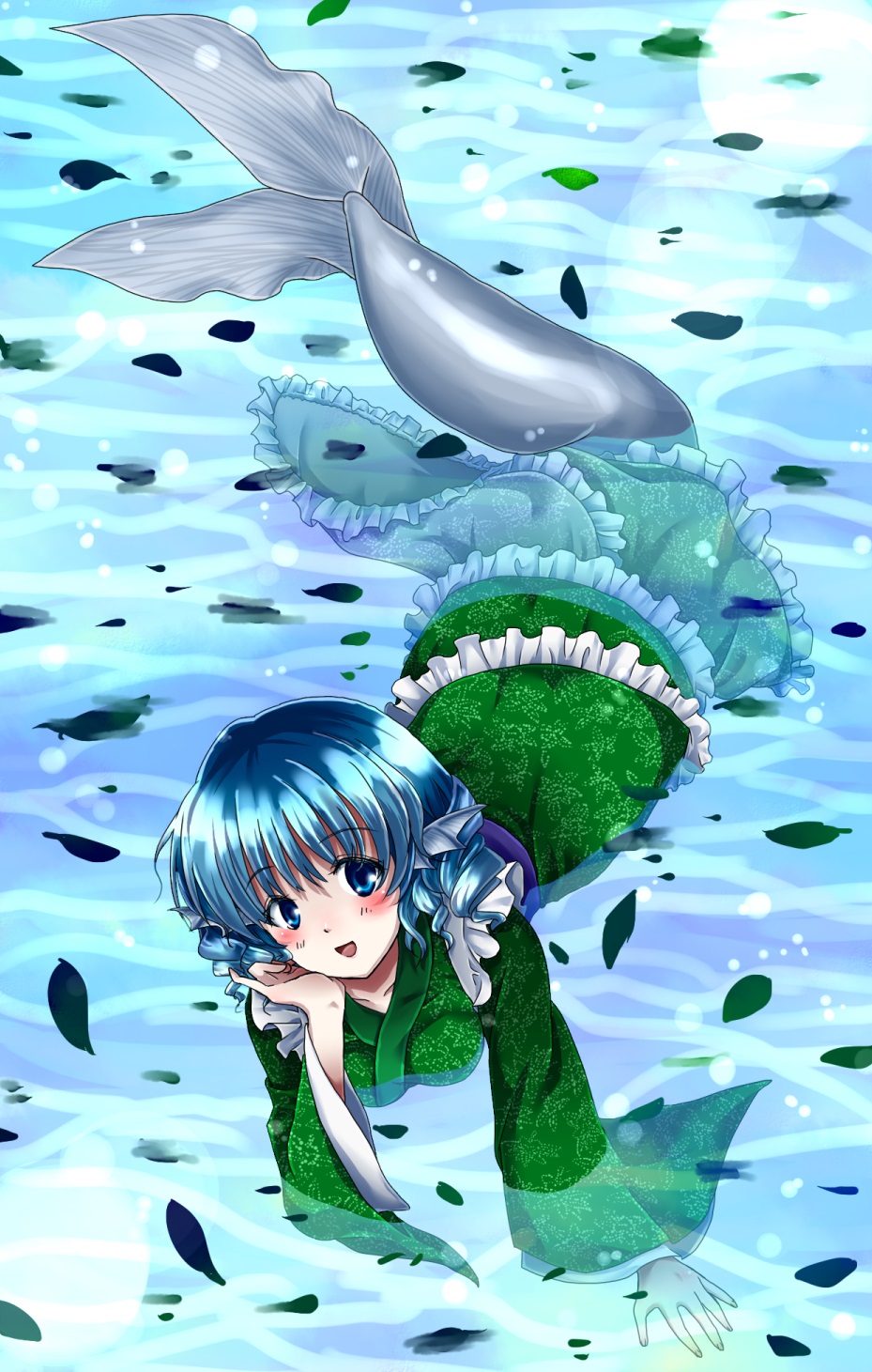 animal_ears blue_eyes blue_hair blush breasts drill_hair head_fins head_rest highres japanese_clothes leaf long_sleeves medium_breasts mermaid monster_girl myouga_teien obi open_mouth partially_submerged sash short_hair smile solo touhou wakasagihime water wide_sleeves