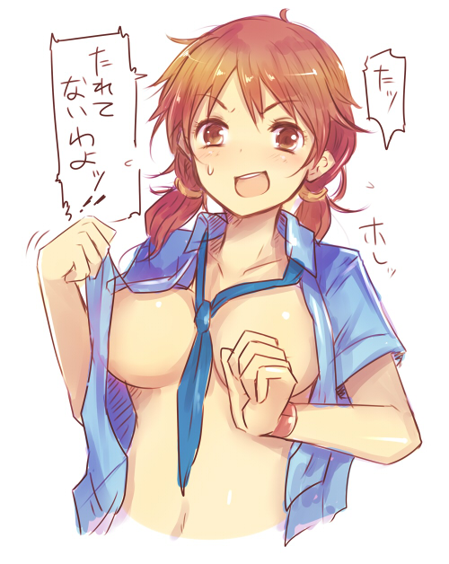 blush breasts brown_eyes brown_hair cleavage idolmaster idolmaster_cinderella_girls kara_(color) katagiri_sanae large_breasts navel necktie no_bra open_clothes open_mouth open_shirt shirt short_sleeves short_twintails solo sweatdrop translated twintails white_background