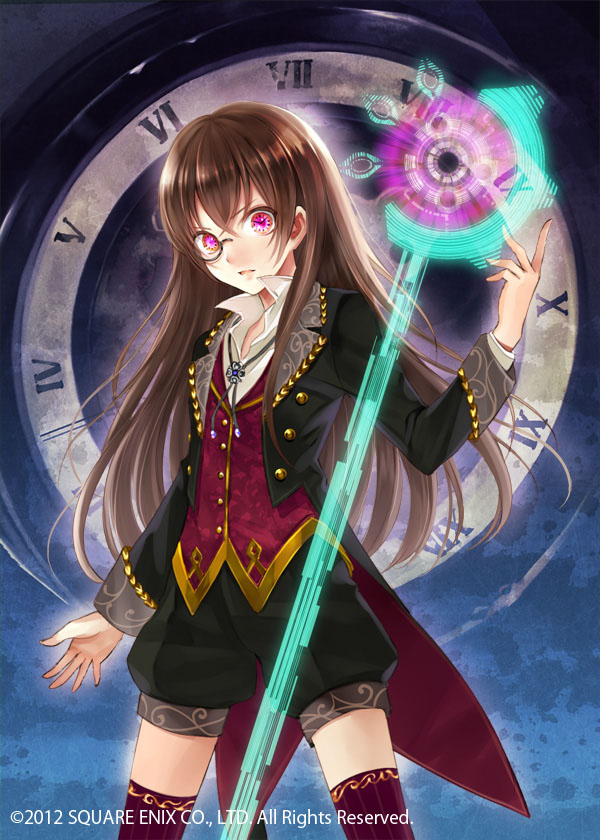 bad_id bad_pixiv_id brown_hair character_request clock_eyes formal fukahire_(ruinon) glowing glowing_eyes long_hair million_arthur_(series) open_mouth purple_eyes scepter shorts solo suit symbol-shaped_pupils thighhighs vest