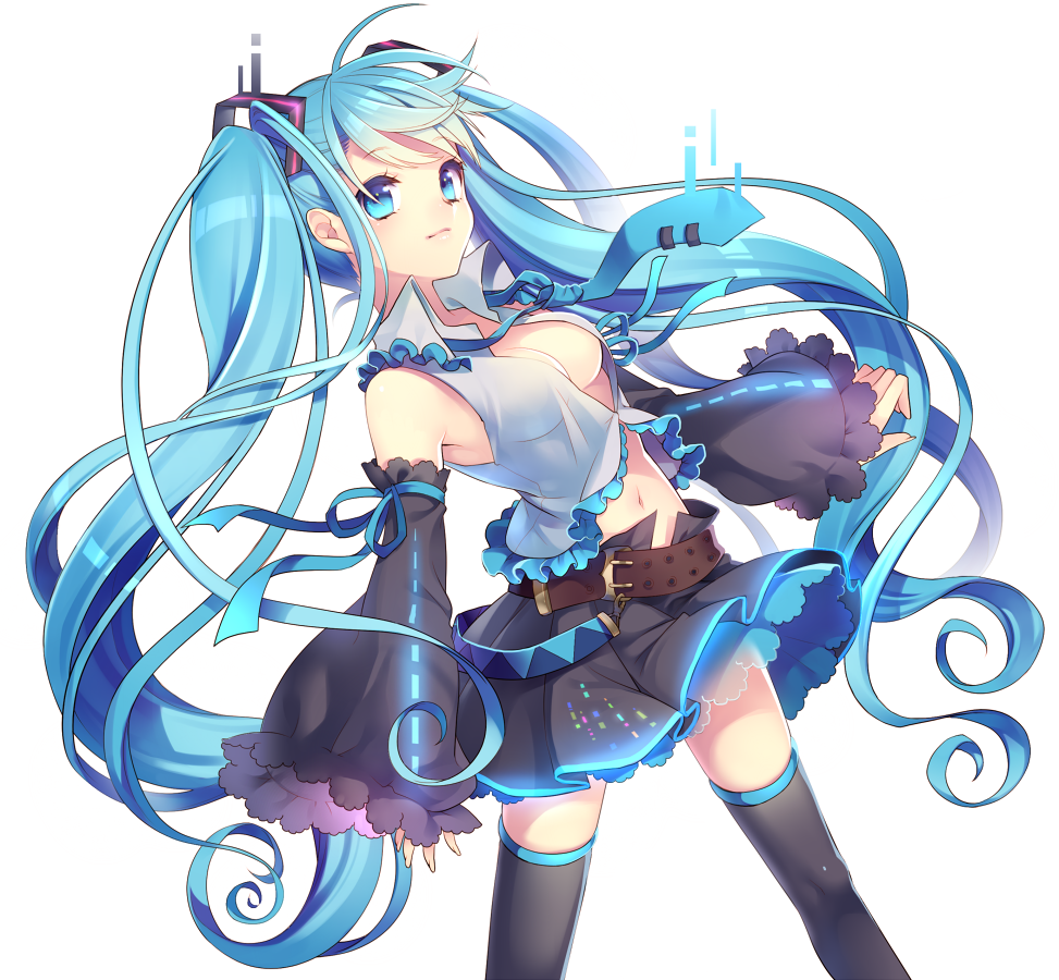 adapted_costume belt blue_eyes blue_hair breasts curly_hair detached_sleeves glowing gradient_hair hatsune_miku light_smile long_hair looking_at_viewer making_of masaru.jp medium_breasts multicolored_hair navel necktie neon_trim no_bra ribbon simple_background skirt smile solo thighhighs twintails very_long_hair vocaloid white_background