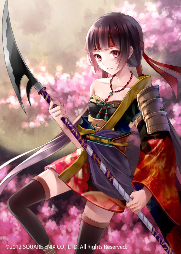 armor bad_id bad_pixiv_id bangs bare_shoulders black_hair black_legwear blunt_bangs blush character_request fukahire_(ruinon) headband japanese_clothes jewelry kimono long_hair million_arthur_(series) necklace polearm red_eyes skirt solo spear tears thighhighs twintails very_long_hair weapon zettai_ryouiki