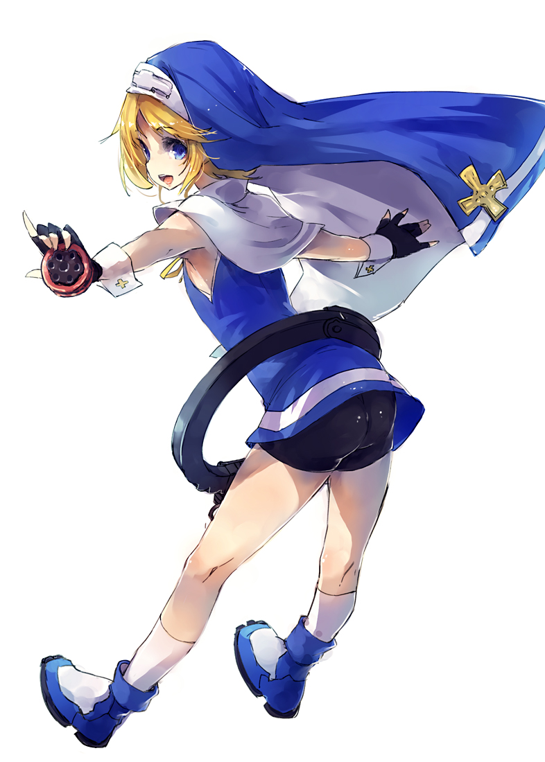 bike_shorts blonde_hair blue_eyes blue_skirt bridget_(guilty_gear) cross fingerless_gloves gloves guilty_gear guilty_gear_xx hood hoop looking_back male_focus nun otoko_no_ko skirt solo ukyo_rst yo-yo