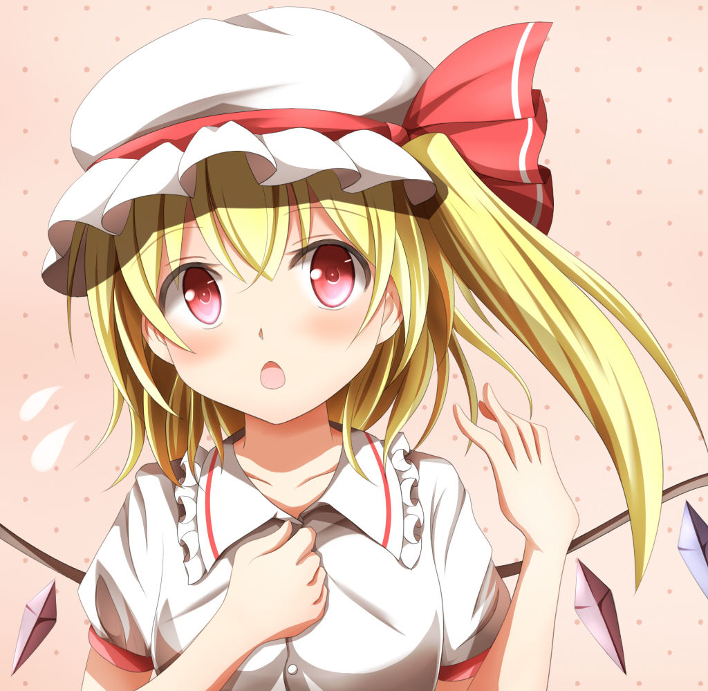 blonde_hair blush chestnut_mouth flandre_scarlet flying_sweatdrops hand_on_own_chest hat hat_ribbon kuroganeruto open_mouth pink_background pink_eyes puffy_sleeves ribbon shirt short_sleeves side_ponytail solo touhou unbuttoning upper_body wings