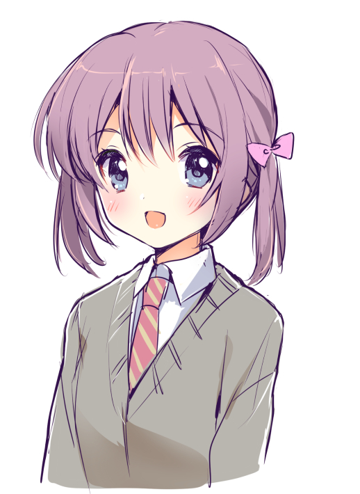 :d blue_eyes blush bow copyright_request flat_chest looking_at_viewer necktie open_mouth purple_hair short_hair simple_background smile solo usashiro_mani white_background