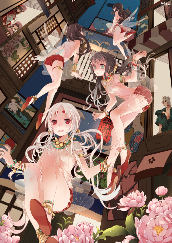 4girls anklet aqua_eyes armlet bad_id bad_pixiv_id bell black_hair bracelet breasts brown_hair building flower flying jewelry long_hair mia0309 multiple_girls necklace original red_eyes see-through small_breasts twintails white_hair wings