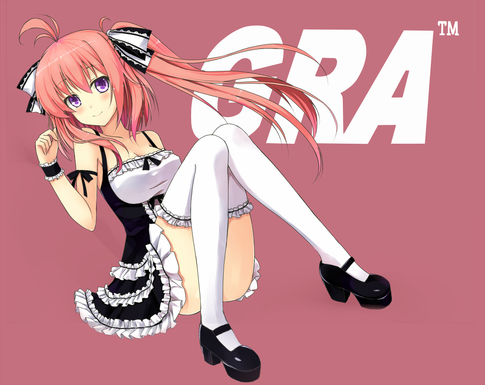 ahoge bad_id bad_pixiv_id blush breasts cleavage dress lolita_fashion long_hair mary_janes medium_breasts one_side_up original pink_hair purple_eyes shoes smile solo terras thighhighs wristband