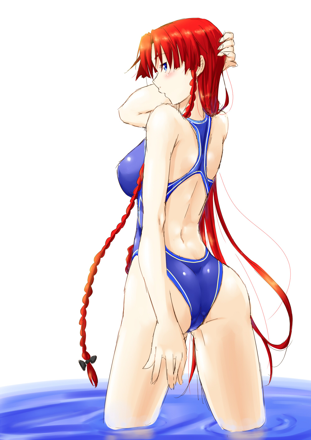 ass blue_eyes braid breasts competition_swimsuit highres hong_meiling large_breasts long_hair niwatazumi one-piece_swimsuit red_hair solo swimsuit touhou wading