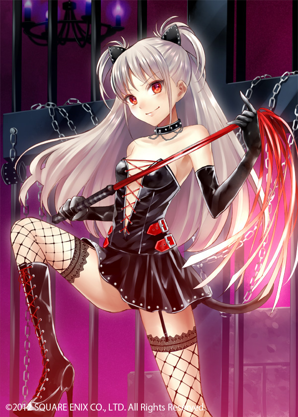 animal_ears bad_id bad_pixiv_id bare_shoulders bdsm blush boots chain character_request choker corset dominatrix dress elbow_gloves fishnet_legwear fishnets fukahire_(ruinon) garter_straps gloves high_heels latex latex_dress latex_gloves long_hair million_arthur_(series) red_eyes shoes silver_hair skin_tight skirt smile solo thighhighs twintails two_side_up whip