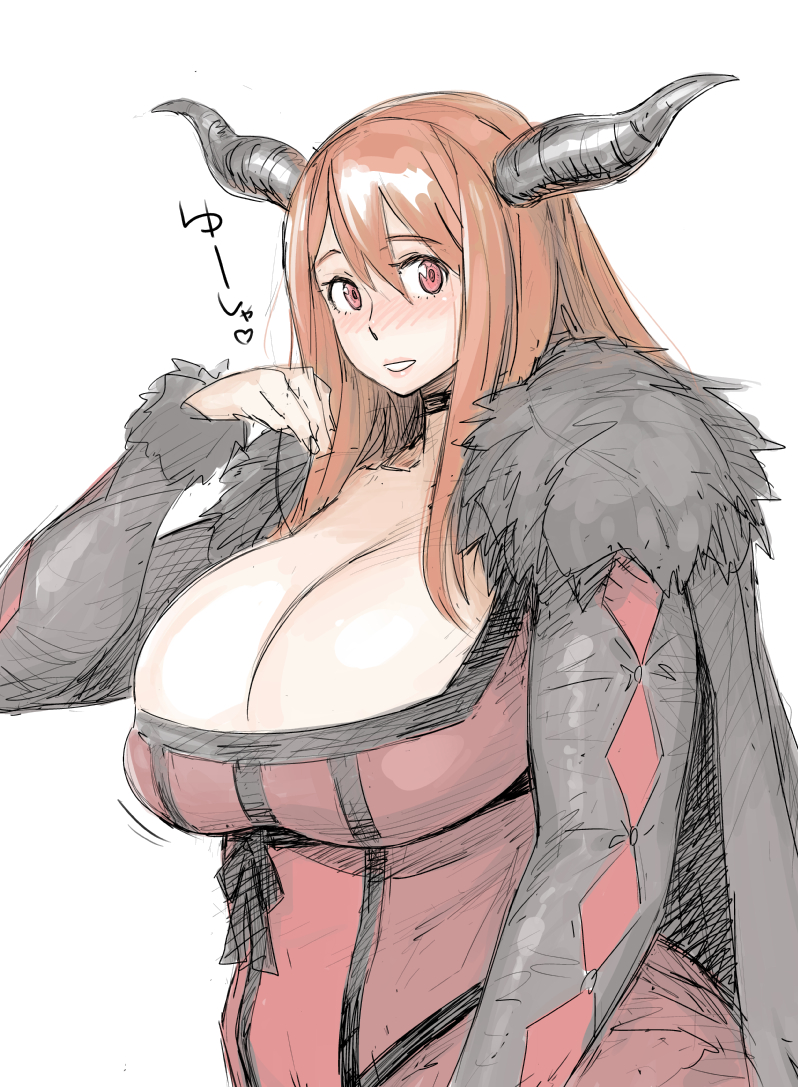 belly blush bobobo breasts cleavage fat heart horns huge_breasts long_hair looking_at_viewer maou_(maoyuu) maoyuu_maou_yuusha parted_lips plump red_eyes red_hair sketch solo white_background