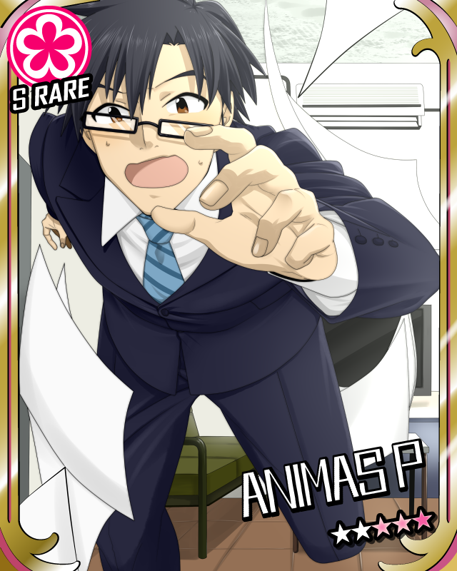 air_conditioner black_hair brown_eyes card_(medium) card_parody cinderella_girls_card_parody couch glasses idolmaster long_sleeves male_focus necktie open_mouth paper producer_(idolmaster_anime) solo tasuku television