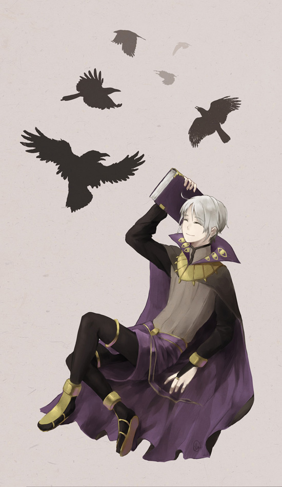 ^_^ arm_up bad_id bad_pixiv_id bangs bird black_legwear book bridal_gauntlets cape choushi closed_eyes crow fire_emblem fire_emblem:_kakusei flock flying henry_(fire_emblem) leaning leaning_back looking_up male_focus sandals signature silhouette sitting smile solo swept_bangs white_hair