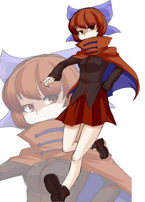 bow cloak hair_bow hand_in_pocket red_eyes red_hair sekibanki short_hair skirt solo touhou zetsumame zoom_layer