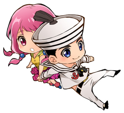 1girl black_hair blue_eyes chibi danemaru dixie_cup_hat hair_bobbles hair_ornament hat higashikata_jousuke_(jojolion) hirose_yasuho jojo_no_kimyou_na_bouken jojolion lowres military_hat pink_eyes pink_hair