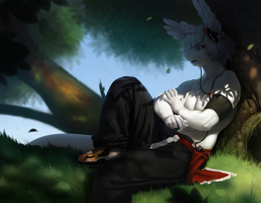 blue_eyes clothing crossed_arms feathers footwear forest frown fur grass hair headphones looking_at_viewer male mp3 muscles necklace open_mouth pants pecs pose shoes short_hair sitting solo teeth topless tree vein veramundis white_fur white_hair