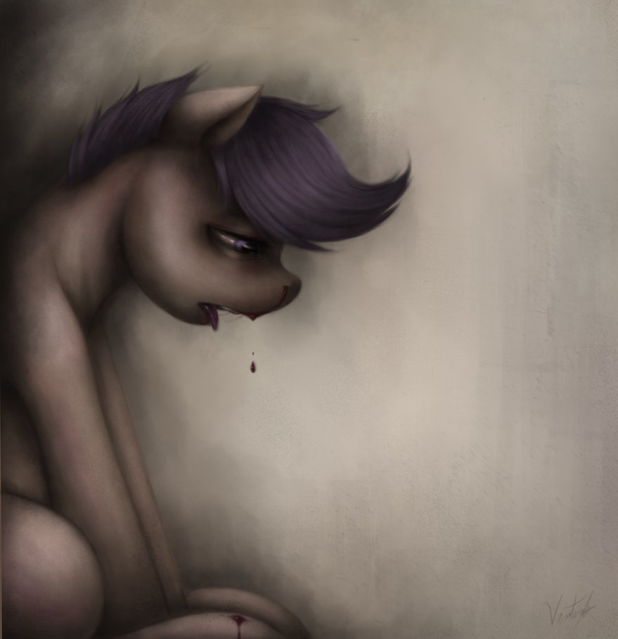 blood brown_fur cub dripping equine female feral friendship_is_magic fur hair half-closed_eyes horse mammal my_little_pony nosebleed open_mouth plain_background pony purple_eyes purple_hair scootaloo_(mlp) short_hair signature simple_background sitting solo tongue tongue_out ventious yellow_background young