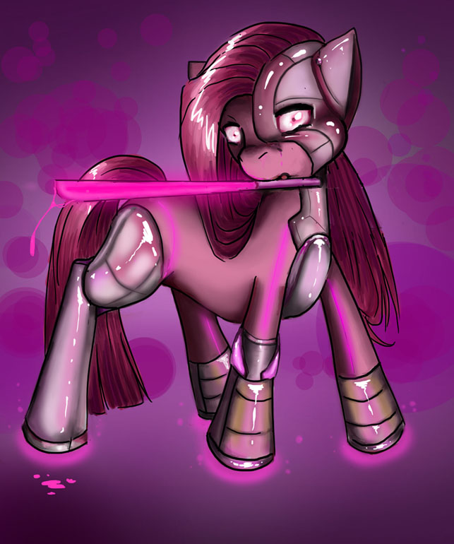 abstract_background cyborg equine female feral friendship_is_magic fur hair horse iamthemisukitty mammal mouth_hold my_little_pony pink_eyes pink_fur pink_hair pinkamena_(mlp) pinkie_pie_(mlp) pony solo sword weapon