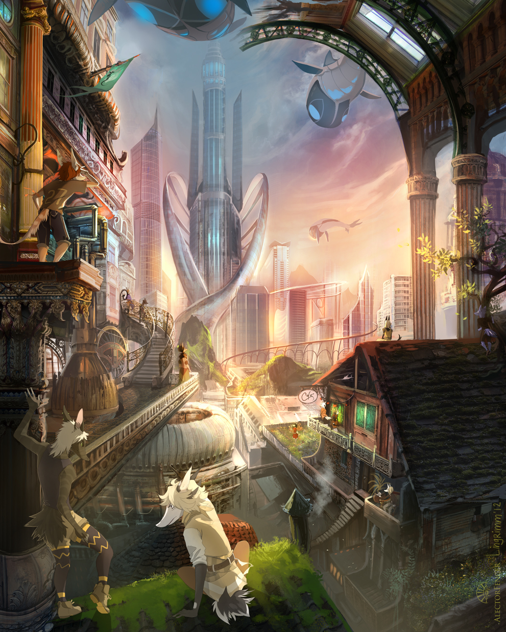 alectorfencer canine city cityscape clothed clothing flying_whale fox lingrimm male mammal ruan shop