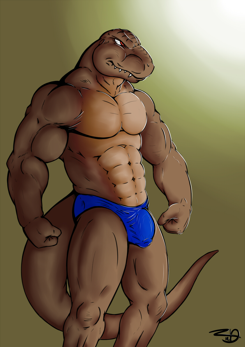 abs anthro biceps big_muscles briefs brown_background brown_skin bulge clothing dinosaur fangs fist flexing front green_background grin hairless male muscles pecs penis plain_background pose red_eyes reptile scales scalie sharp_teeth smile solo speedo standing swimsuit teeth theropod toned topless tyrannosaurus_rex underwear xxzerkkandragonxx