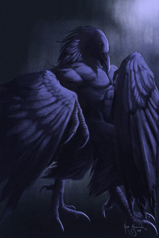 abs abstract_background anthro avian beak biceps bird blue_feathers claws crow feathers grey_background looking_at_viewer male muscles nikota nude pecs plain_background pose raven realistic_wings simple_background solo standing talons toe_claws toned white_eyes wings