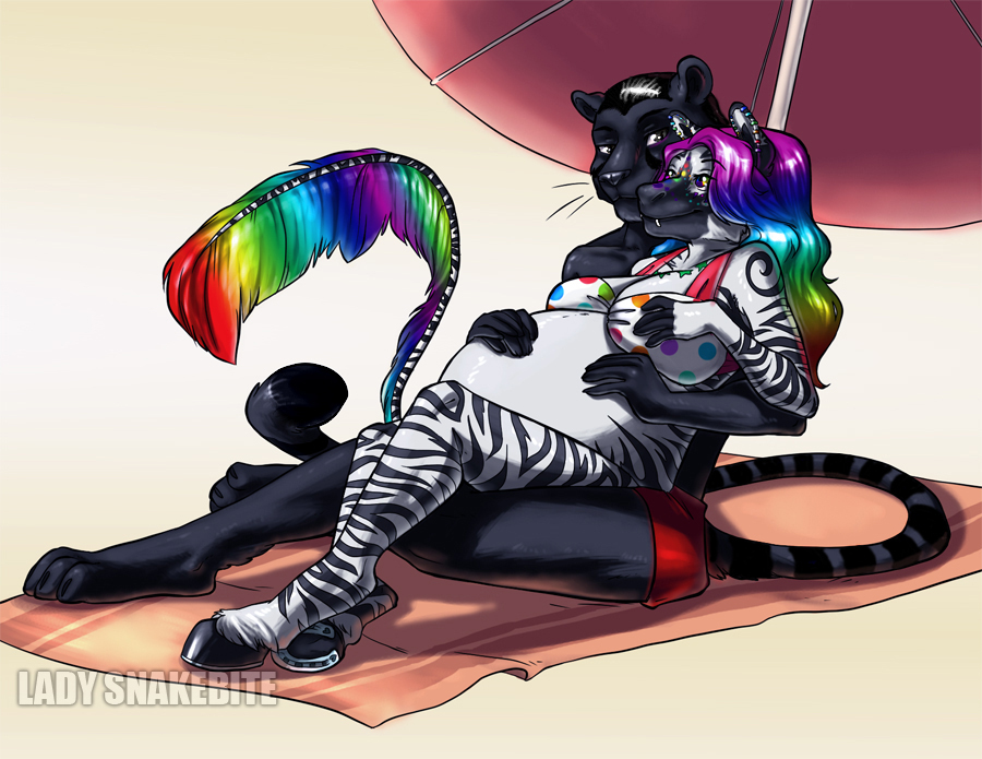 anthro beach big_breasts black_panther breasts canine couple cuddling cute duo equine feline female hair hooves lady_snakebite male mammal markings markus_wolfe multi-colored_hair panther piercing pregnant rainbow rainbow_hair seaside smile stripes swimsuit wolf zebra